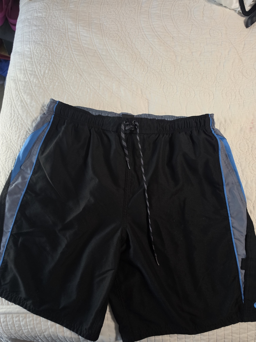 Nike Men's Black Swim Trunks with Blue and Gray Panels